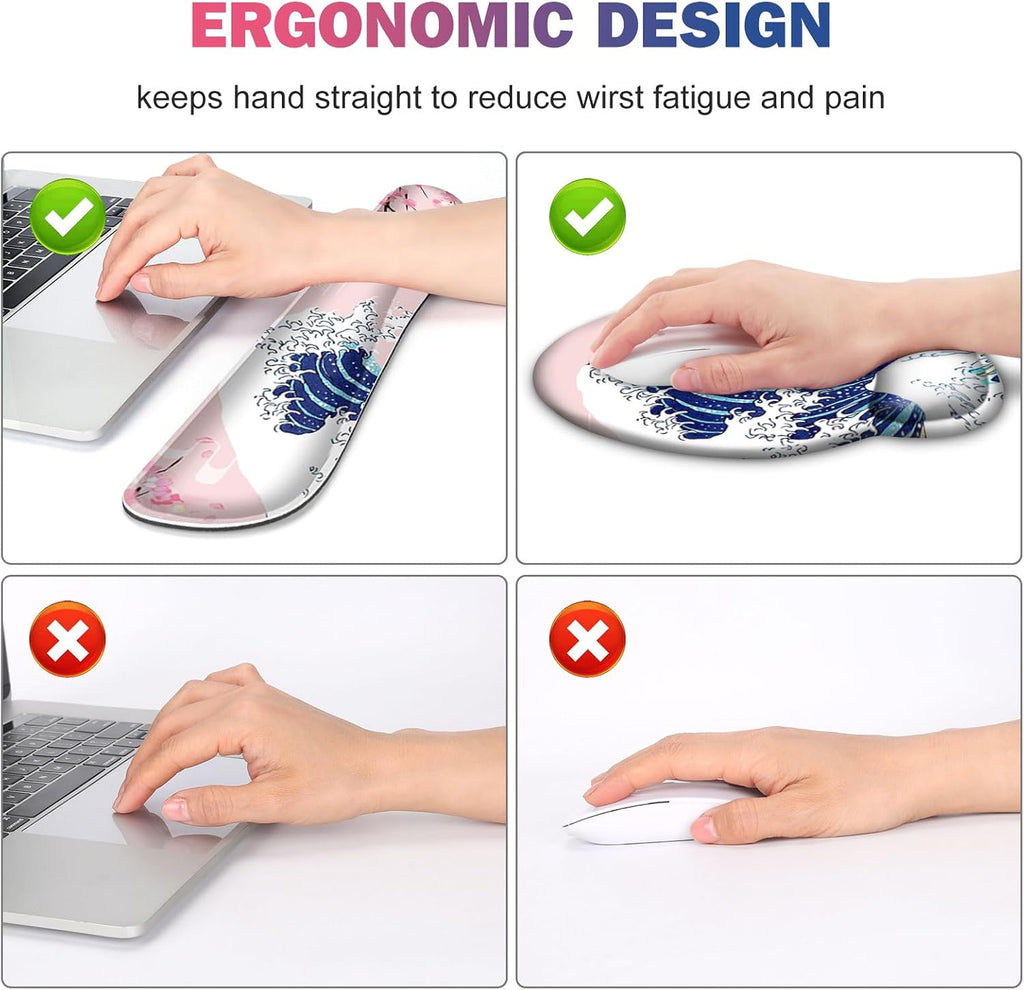 Gaming Mouse Pad, Large Desk Mat, Cute Desk Pad Protector, Pink Cherry Blossoms XXL Mousepad + Keyboard Wrist Rest+Mouse Wrist Rest+Coaster Set with Ergonomic Desk Pad, Japanese Wave of Kanagawa - Image 4