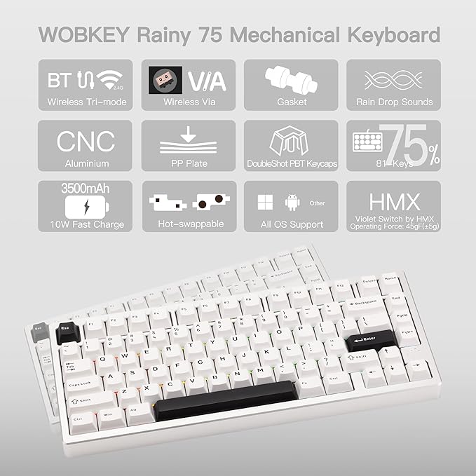 KEEBMONKEY WOBKEY Rainy 75 CNC Aluminum HMX/JWK/Cocoa Switches Triple-Mode Connectivity Mechanical Keyboard with Superior Acoustics, RGB/PP/Mirrored Glass/3500mAh/Violet Switch (Standard - Silver) - Image 2