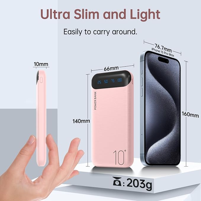 YOBON Power Bank 10000mAh Portable Charger Slim Battery Pack with 2 USB 2.4A Outputs and USB C in/Out Compatible with Huawei iPhone 16 15 14 13 12 iPad Samsung Galaxy S20 Android Tablet (Light Pink) - Image 5