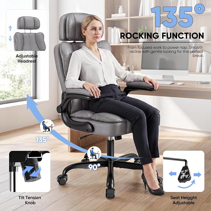 Kensaker Ergonomic Executive Office Chair with Adjustable Headrest & 90° Flip-Up Arms, High Back PU Leather Computer Desk Chair with 135° Rocking & Double Padding for Home Office Comfort, Gray - Image 4