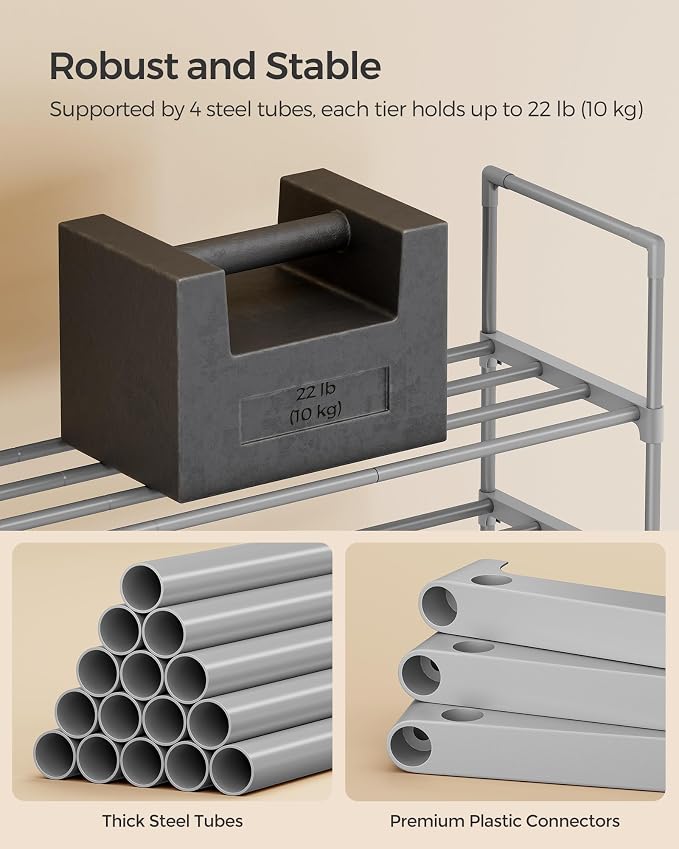 SONGMICS Shoe Rack, 3-Tier Shoe Organizer, Metal Storage Shelf | for Entryway, Upright or Upside Down, for 16-20 Pairs, Stackable, 11.8 x 36.2 x 21.7 Inches, Gray ULSA303G01 - Image 7