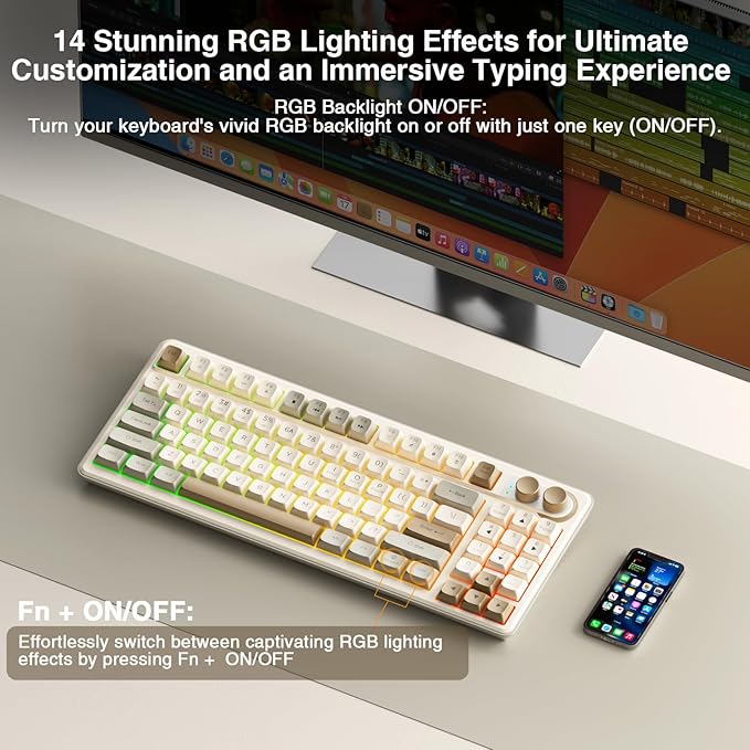 SOLAKAKA SK90 75% Wireless Gaming Keyboard - 4000mAh Tri-Mode (BT5.0/2.4G/USB-C) Cute Creamy Gaming Keyboard with Number Pad, Media Knob, RGB Backlit, Quiet Keys Silent Office Keyboards for PC MAC - Image 4