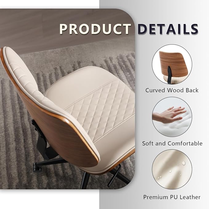 Home Office Chair No Arms with Wheels, Adjustable Height Small Desk Chair, PU Leather Mid Back 360 Swivel Computer Chair, Armless Modern Walnut Chair for Office, Reading Meeting Room(Beige) | Adjustable Height Small Desk Chair, PU Leather Mid Back 360 ... - Image 6