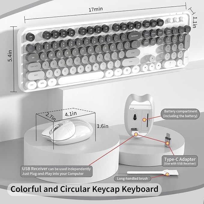 Creamy Wireless Keyboard and Mouse, MOFII 104 Round Keycaps Retro Typewriter with OTG & Brush, Full-Size Ergonomic, Ideal for Windows PC, Home, Office and College Gray White - Image 5