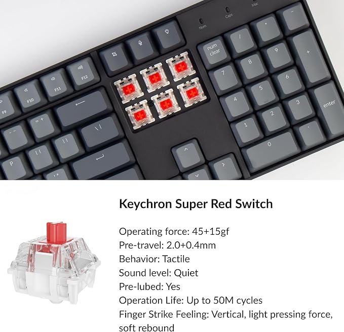 Keychron K10 Full Size 104 Keys Bluetooth Wireless Mechanical Gaming Keyboard for Mac Windows with Keychron Super Red Switch, Multitasking/White LED Backlight/USB C Wired Computer Keyboard - Image 4