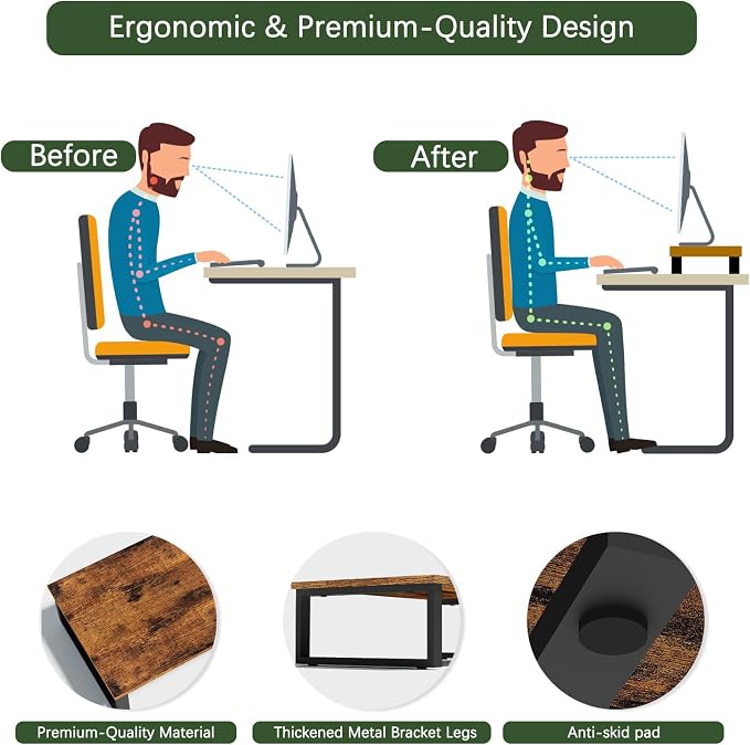 Wood Monitor Stand Riser, 2 Pack Desktop Laptop Riser for Dual Monitors & Printer, Engineered Wood Ergonomic Desktop Riser for Office PC Laptop, Rustic Brown - Image 5