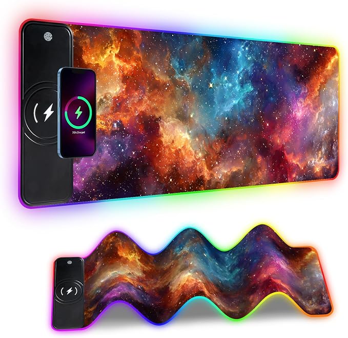 Wireless Charging RGB Gaming Mouse Pad, 31.5 x 11.8 Inch Extended Mouse Mat with Galaxy Nebula Design, LED Desk Pad with 7 Lighting Modes, Non-Slip Base for Gaming & Office by THISFIND