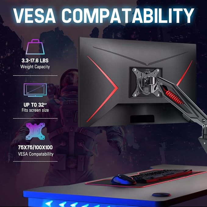 MOUNT PRO Single Gaming Monitor Stand - Mechanical Spring Display Mount, Adjustable Gaming Monitor Arm with C Clamp and Grommet Mounting Base - Fits for Computer Screen up to 32”, VESA 75x75, 100x100 - Image 6