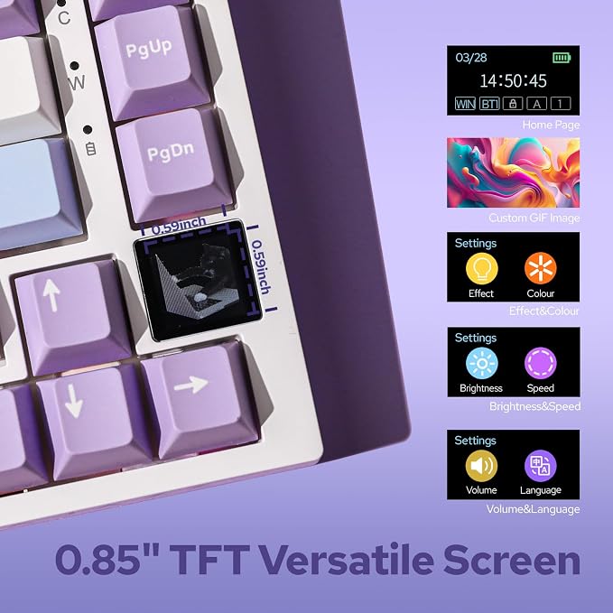 EPOMAKER Ajazz AK820 Pro Wireless Mechanical Keyboard with TFT Display&Knob | 75% Gasket-Mounted Gaming Keyboard, BT/2.4GHz/USB-C Wired, Creamy Keyboard for PC/Mac (Purple, Gift Switch) - Image 3