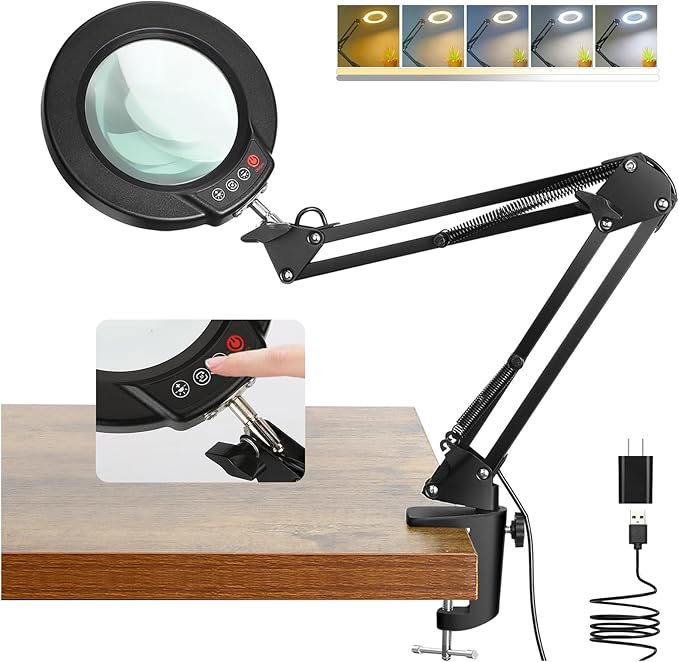 Coyeth 10X Magnifying Glass with Light and Clamp, Real Glass Stand Lighted Magnifier, 5 Color Modes Stepless Dimmable LED Desk Lamp Hands Free for Crafts Hobby Reading Painting Sewing Close Work by COYETH