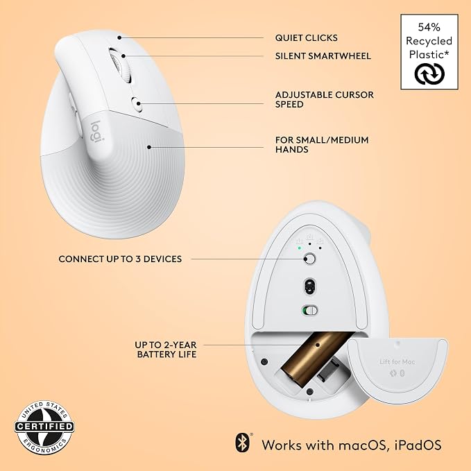 Logitech Lift for Mac Vertical Ergonomic Wireless Mouse - Off White | Bluetooth connectivity only, no USB receiver, quiet clicks, 4 customizable buttons, mac OS iPad OS compatible - Image 6