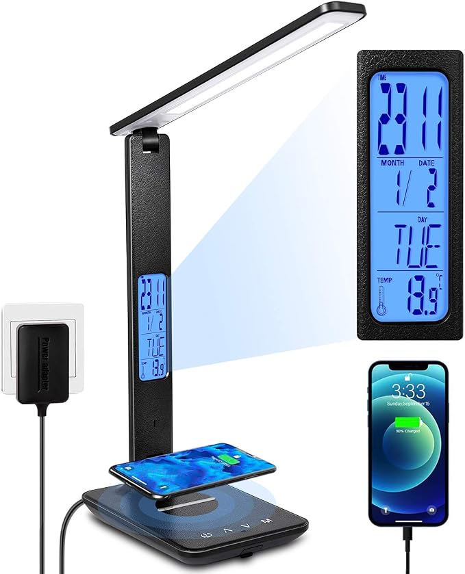 LED Desk Lamp with Wireless Charger, Suitable for Home, Office Dimmable, with USB Charging Port, Built-in Clock, Calendar, Thermometer and Automatic Timing Reading Desk Lamp. by XIZDDL