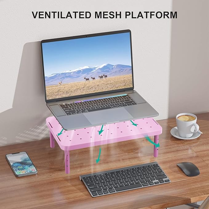 WALI Computer Monitor Stand for Desk, Adjustable Laptop Riser, up to 44 lbs | Desk Monitor Riser Underneath Storage, Fits Notebook, Laptops, Printers, for Home, Office, School (PTT001-P),1 Pack, Pink - Image 5