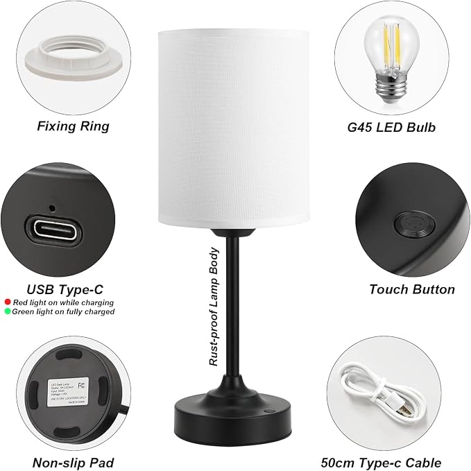 Touch Control Cordlss Table Lamp, USB-C Rechargeable Lamp with Stepless Dimming, 4000mAh Battery Operated Bedside Lamp for Bedroom, Living Room, Night Light & Emergency Lighting, Black, 1 Pack - Image 6