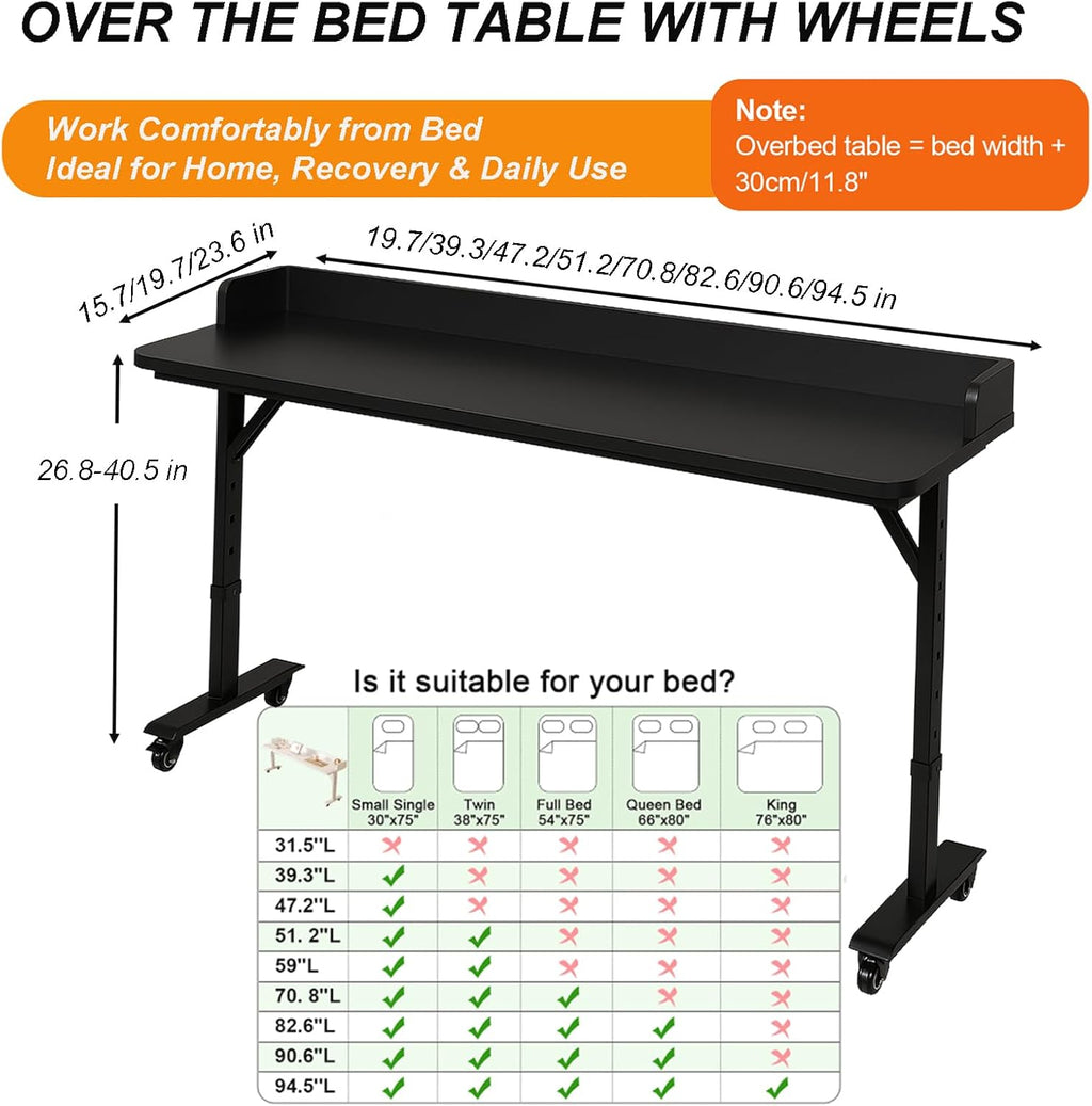 70.8" Overbed Table with Wheels for Full Beds, Height Adjustable - Image 2