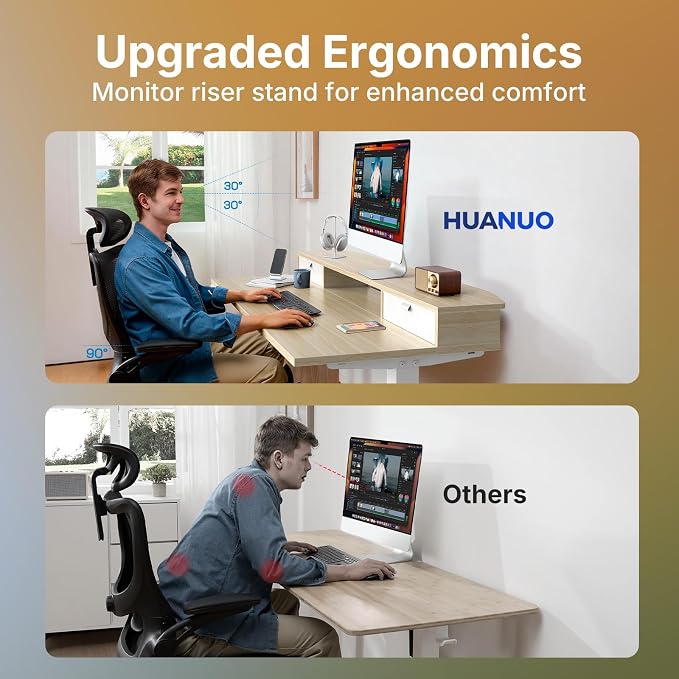 HUANUO 47.2" X 23.6" Electric Standing Desk with 2 Drawers, C-Clamp Mount Compatible, Height Adjustable Computer Desk, Home Office Stand Up Desk with 4 Preset Heights & 2 Hooks, Light Walnut - Image 5