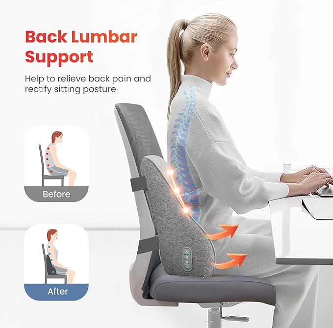 COMFIER Back Lumbar Support Pillow for Office, Heated Back Support with 4 Shiatsu Massage Heads & Heating Function, Memory Foam Lumbar Pillow for Computer Gaming Chair-Gray - Image 4