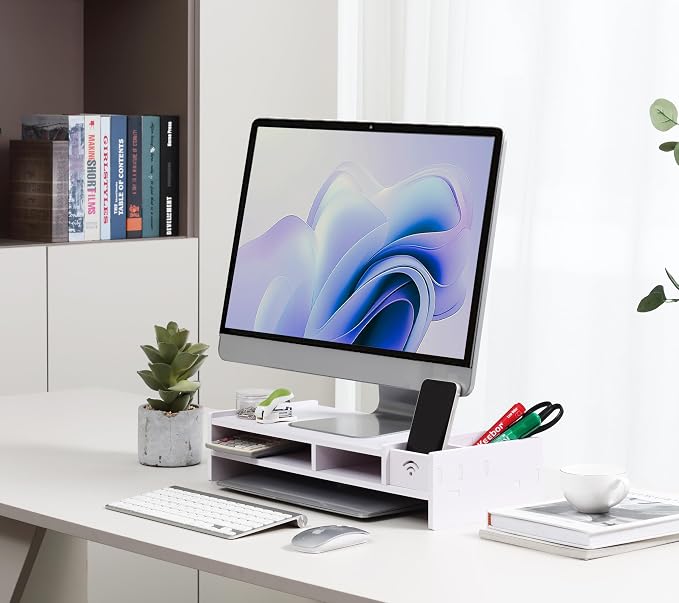 White MDF Monitor Stand Riser, Double Storage Laptop Riser Shelf (19" L x 8" W x 4.6" H) by Unknown