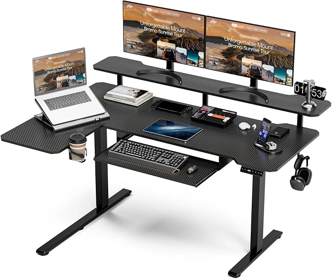 59 Inch L Shaped Standing Desk with Shelves and Keyboard, Electric Corner Standing Desk Adjustable Height, Sit Stand Computer Table with Reversiable Splice Board，Black Carbon by Acrolix