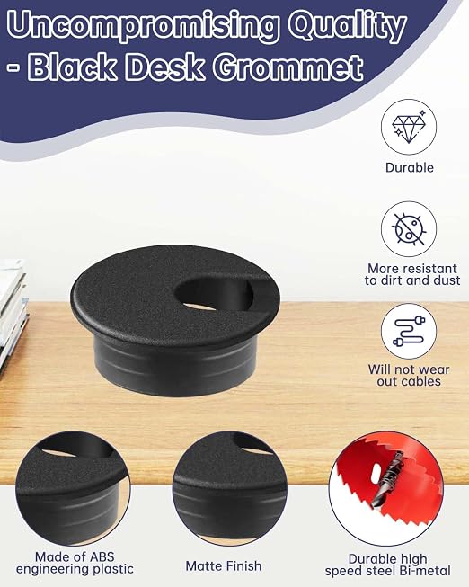Desk Grommet & Cable Grommet 1-3/8 Inch (10 Pack) - Black Cord Hole Cover with Hole Cutter - Cable Management Kit for Office Desk, TV Stand, Workstation - Hide Wires Behind Wall, Cable Pass Through - Image 3