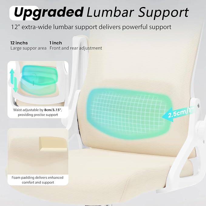 Fizzin Office Chair Mesh Computer Chairs with Adjustable Lumbar Support | Ergonomic Office Chair, Home Office Desk Chairs with Thickened Cushion and Headrest, Comfy Gaming Chair (Buff Beige) - Image 3
