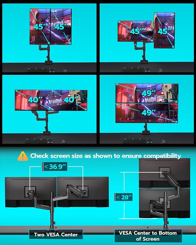 ARES WING Dual Monitor Mount with USB for 17-49 Inch Screen, Black | Ultrawide Heavy Duty Computer Monitor Arm Desk Mount for Curved Screen, Gas Spring Adjustable Vesa Stand - Image 7