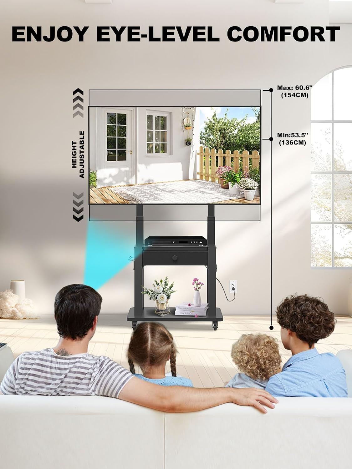 Rolling TV Stand with Power Outlet and Fabric Drawer for 32-75 Inch Flat/Curved Screen up to 220lbs LCD/LED/OLED Adjustable Height Mobile TV Cart with Wheels for Home Office Max VESA 600x400mm Black - Image 2