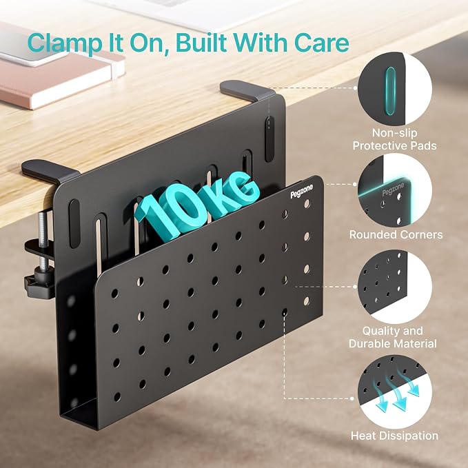 Desk Side Storage Organizer, Fits Flat Edge 0.4" to 2.2", Black | No Drill Under Desk Laptop Holder, Clamp on Desks Shelf with Pegboard Accessories, Hanging Laptop Mount - Image 4