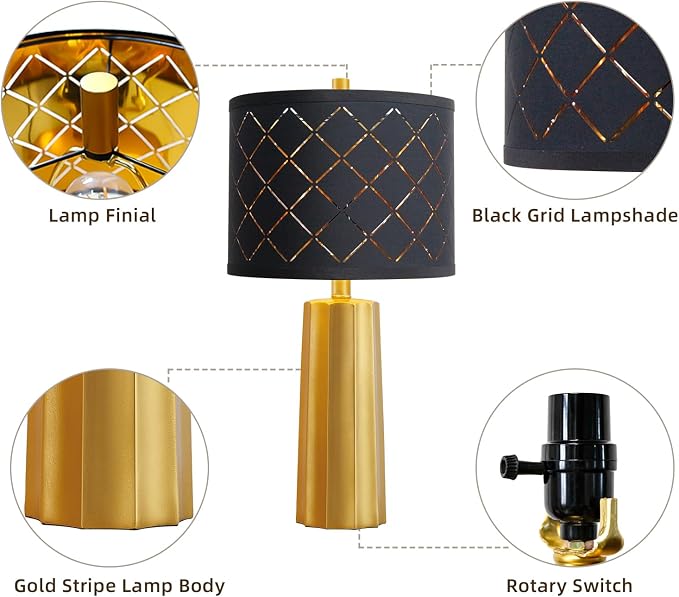 24" Modern Table Lamp for Living Room Bedroom Black Grid Shade | Gold Nightstand Resin Lamps Contemporary Desk Lamps for Bedside End Tables, 2 Bulbs Included (Gold) - Image 6