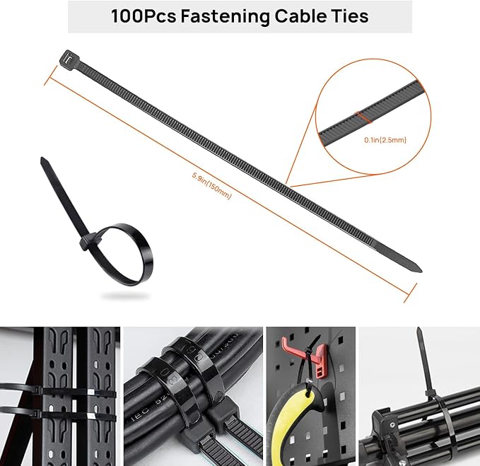 Cable Management Kit - 4 Cable Sleeve, 57 Self Adhesive Cable Clips, 12 Hanging Strips, 12 Cable Organizer Straps and 100 Fastening Cable Ties for TV Computer Under Desk (Black and White) - Image 8