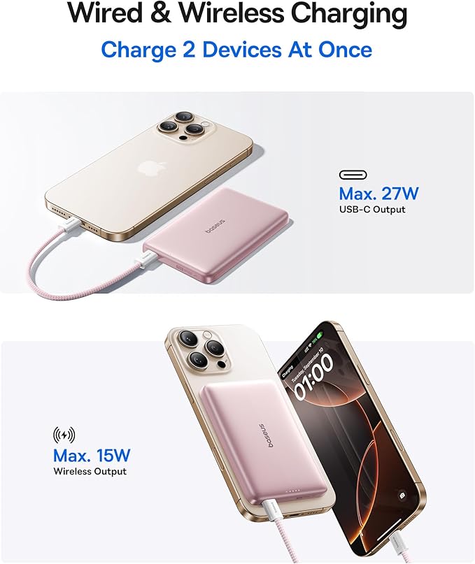 Baseus Picogo Magsafe Portable Charger, Qi2 15W 0.5" Ultra Slim 10000mAh Wireless Power Bank, 27W Fast Charging Magnetic Battery Pack with USB-C for iPhone 17 Pro Max/17 Pro/Air/16/15/14/13/12 | 10000mAh Wireless Power Bank, 27W Fast Charging Magnetic ... - Image 5
