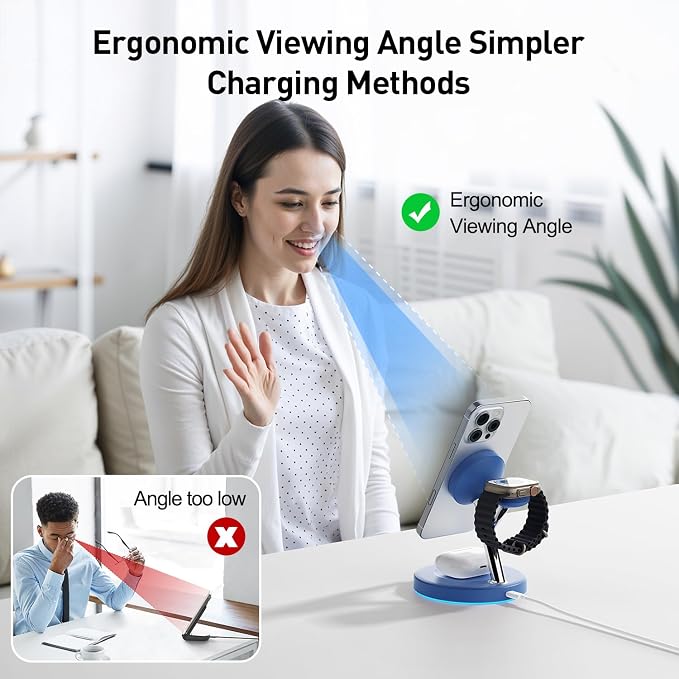 【Adjustable Blue Ambient Light】 Wireless Charger 3 in 1 for iPhone, Magnetic Charging Station for Apple Family,15W Fast MagSafe Charger Stand,for iPhone17-12-iWatch AirPods Series - Image 4