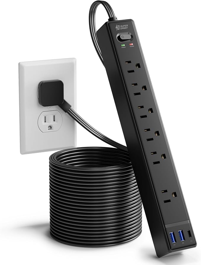 15Ft Long Extension Cord, SUPERDANNY Flat Plug Surge Protector Power Strip | 6 Outlets & 3 USB, Flat Plug Power Strip Wall Mountable, Desk Charging Station for Home, Office, College Dorm Room Essentials - Image 9
