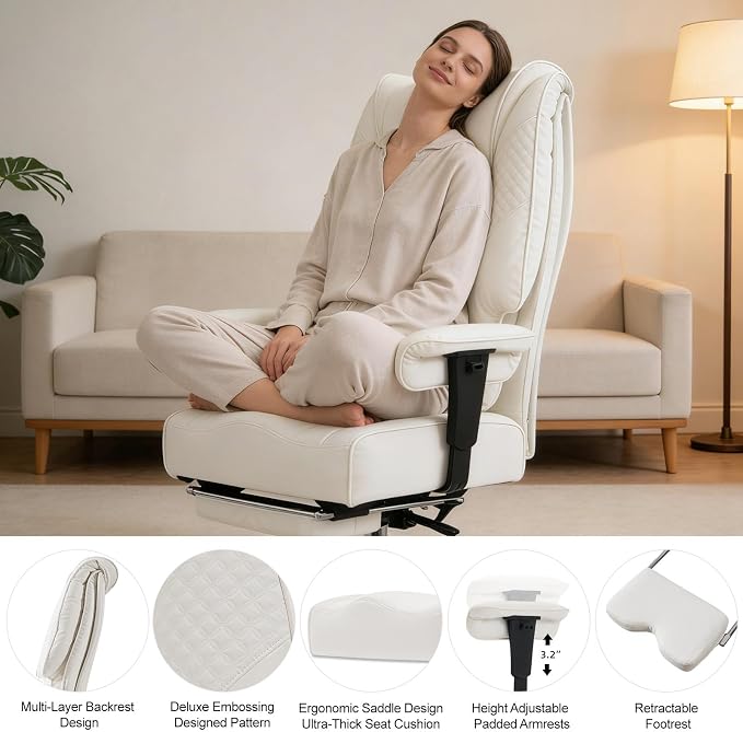 EXCEBET Big and Tall Executive Office Chair 400lbs Wide Seat, PU White | Wide seat, Retractable footrest, 135° recline, Lumbar support, PU leather, Ergonomic high back for lower back pain relief - Image 4