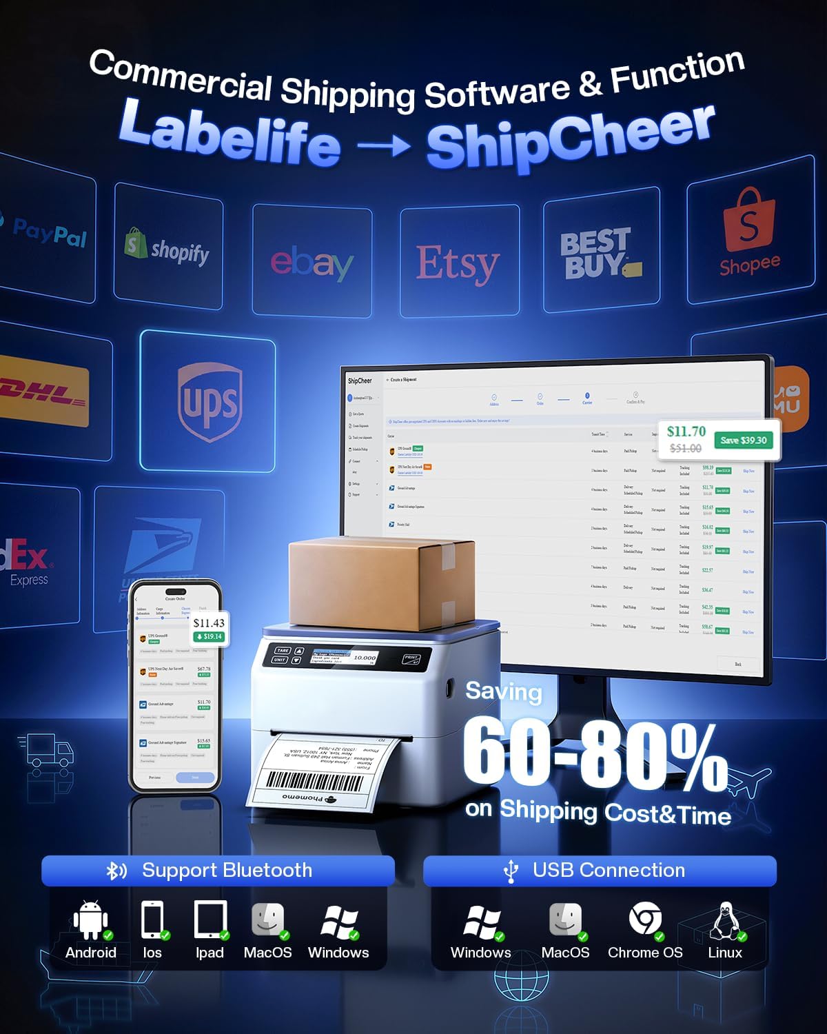 Phomemo D422S Shipping Label Printer with Scale & Packs of 250pcs 4x6 Thermal Labels - Image 3