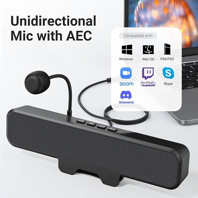INGA Computer Speakers with Detachable Mic, Plug and Play Desktop Speakers, One-Touch Mute Microphone, Stereo & Bass, Easily Clamps to Monitor, Compatible with PC, MAC, Laptop - Image 4