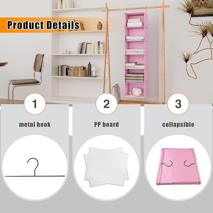 Hanging Closet Organizer 6-Shelf, Oxford Fabric Wardrobe Storage, Pink | Easy-mount foldable design holds clothes, handbags, shoes & accessories; washable Oxford fabric, sturdy and space-saving. - Image 6