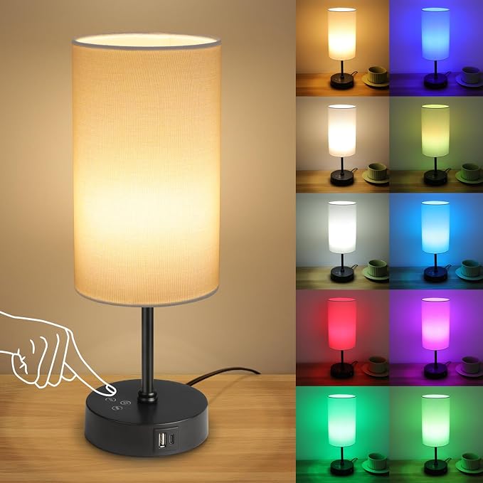Table Lamp,3 CCT 3000K/4500K/6500K & RGB Color Changing,Stepless Dimmable Touch Control Bedside Lamp for Reading,Ambience Nightstand Light for Home Decor Party,White Shade by Unicozin