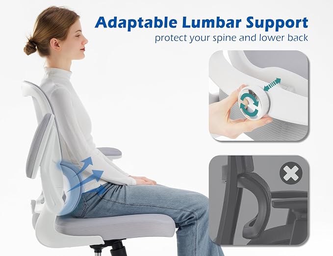 TRALT Ergonomic Office Chair Desk Chair with Adjustable Lumbar Support | Desk Chair Comfy with Flip-up Armrests Ergonomic Chair - Mesh Computer Chairs for Adults, 330lbs, PU Leather (Grey, 1) - Image 4