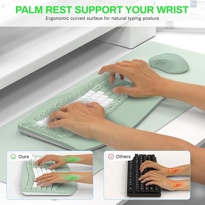 Wireless Keyboard and Mouse Combo,2.4G Ergonomic Wave Keys(Avocado Green-B) | Full Size Cordless Keyboard with Wrist Rest,3-Level DPI Ergonomic Mouse for Office and Home,Windows/Mac OS/Desktop/Laptop/PC - Image 3