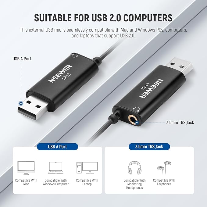 NEEWER USB Lapel Microphone, Plug & Play Mini Omnidirectional Clip On Lavalier Mic with 3.5mm Monitoring Headphones Jack for USB 2.0 Mac Windows PC Laptop Computer YouTube Skype Podcast Gaming, LM2 - Image 3