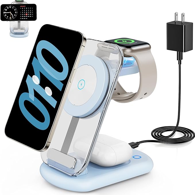 2026 Traveling Wireless Mag-Safe Fast Charging Station,Magnetic 3 in 1 Charger with Light for iPhone 16 15 14 13 12 Pro Max Plus,Apple Watch Series & Air pods 4 3 2 Pro-Gifts for Wife & Husband(Blue) by RYND