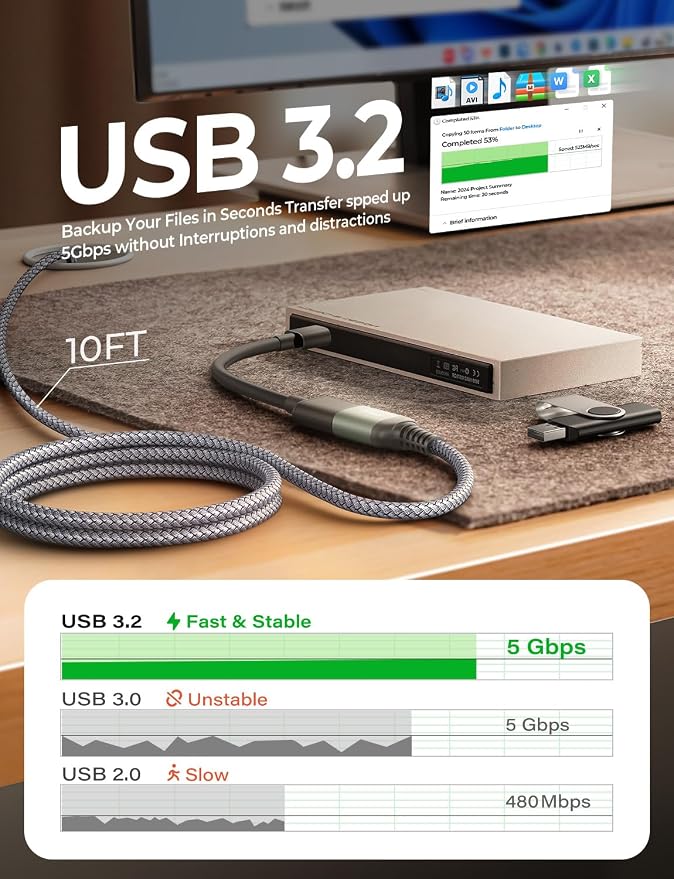 AINOPE USB Extension Cable 10FT USB 3.0 Extender Male to Female Cord Grey | 5Gbps High Data Transfer for Printer Webcam Flash Drive Hard Drive Hub Keyboard Mouse Camera Playstation Xbox and More - Image 3