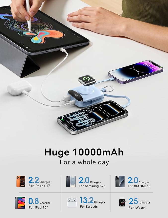 Portable Charger 10000mAh 22.5W Power Bank Built-in 2 Cables Keychain | Charge 5 Devices, TSA approved, Travel Fast Charging Battery Pack for iPhone Samsung Google Android & iWatch Charger, Blue - Image 8