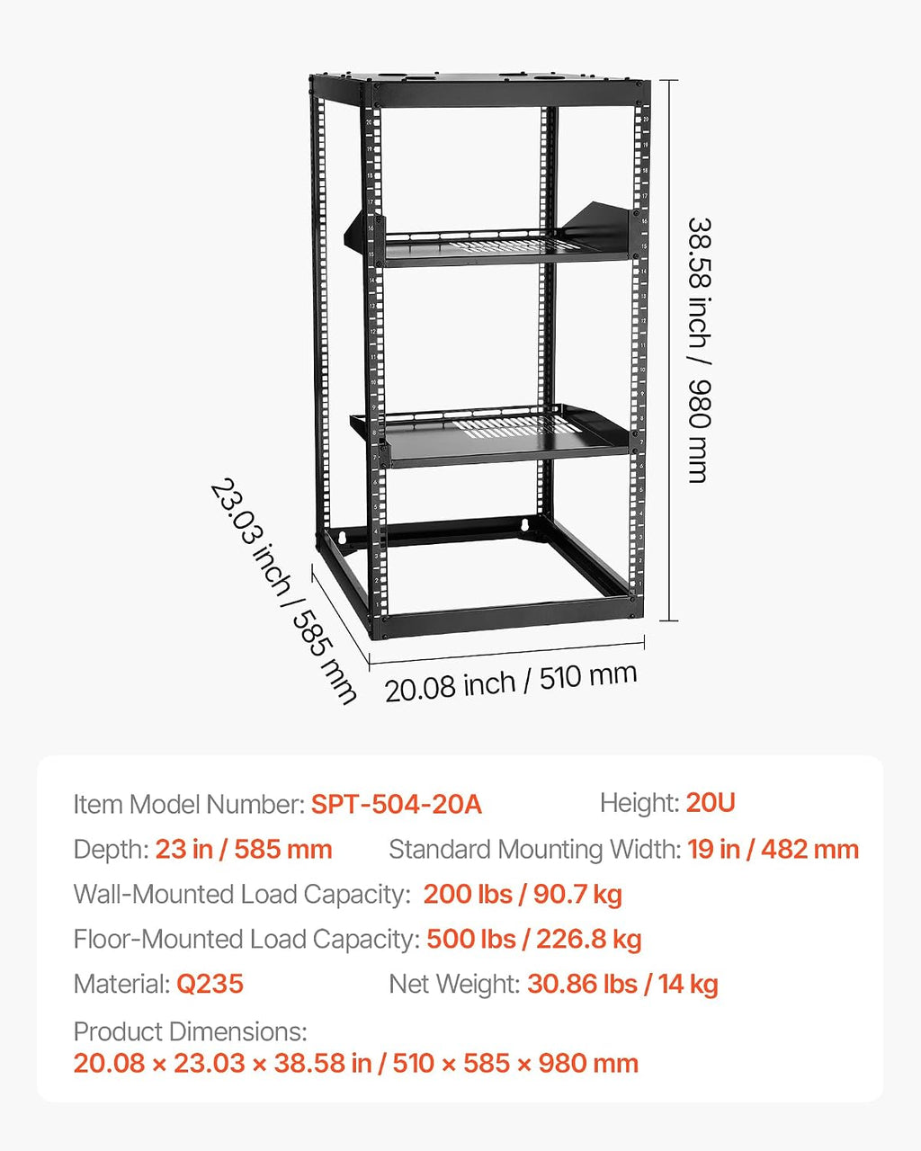 VEVOR 20U Open Frame Network Rack Server Rack, Wall Mounted or Floor Stand - Image 7