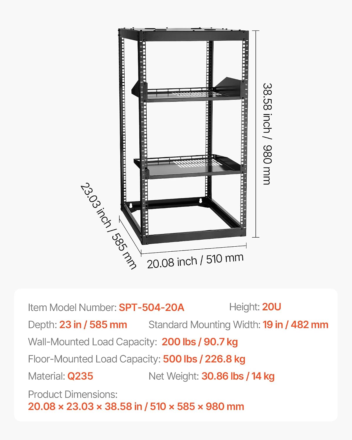 VEVOR 20U Open Frame Network Rack Server Rack, Wall Mounted or Floor Stand - Image 7
