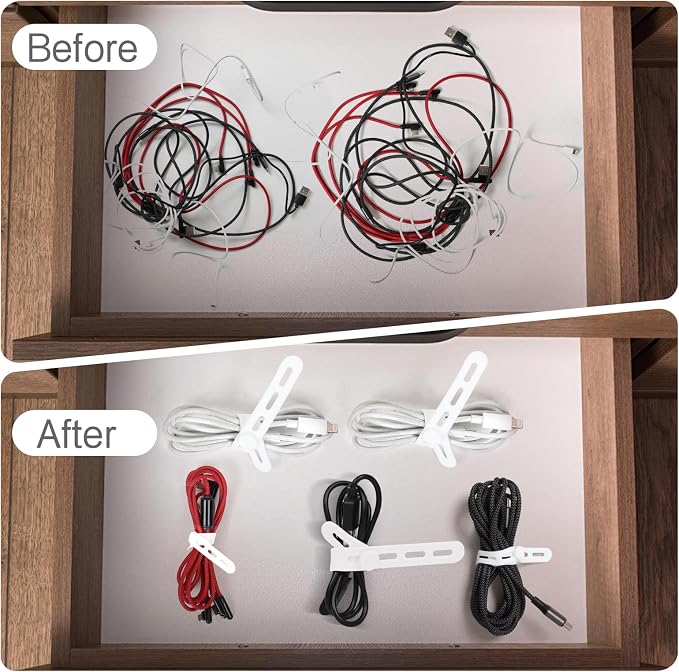 Donruby 24Pcs Silicone Cable Ties, Reusable Cord Organizer Straps, White | Adjustable, Multipurpose, 5.12" High-Elasticity Cord Wraps for Bundling Electronics, Home Office Travel Essentials - Image 6