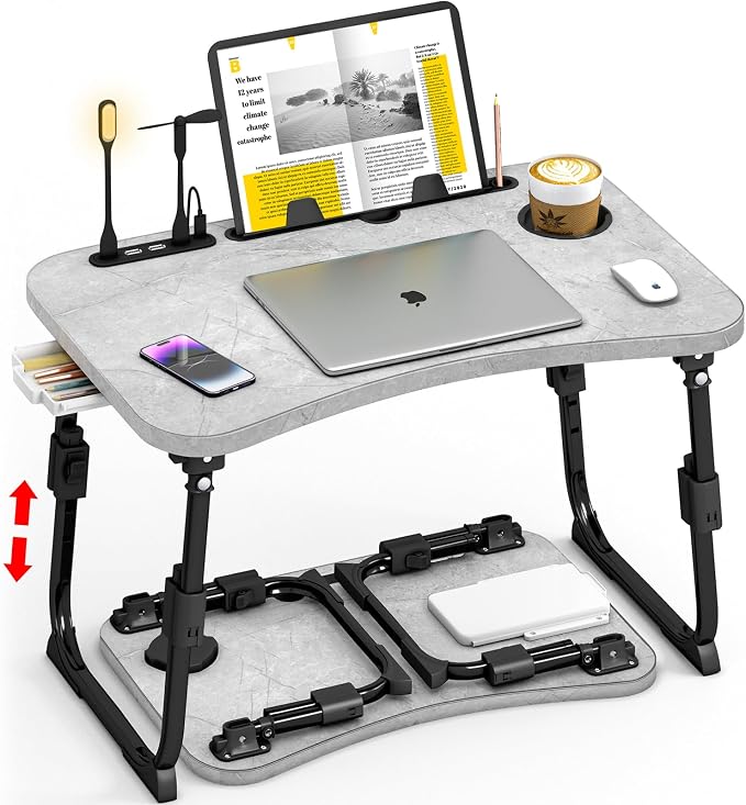 Lap Desk for Bed Adjustable Height, Foldable Bed Table with Storage Drawer, Tablet Slot & Cup Holder, Portable Laptop Stand for Bed & Sofa, Bed Desk for Adults & Kids, Light Stone Color by OPKING