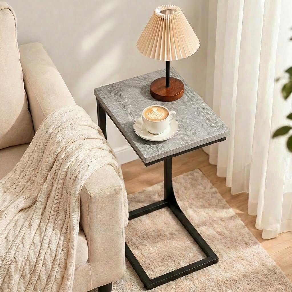 TEMI C Shaped End Table for Couch, Set of 2 Small Side Table for Sofa, TV Tray for Eating or Laptop, Accent Desk for Chair, Space Saving for Living Room Bedroom, Greige - Image 2