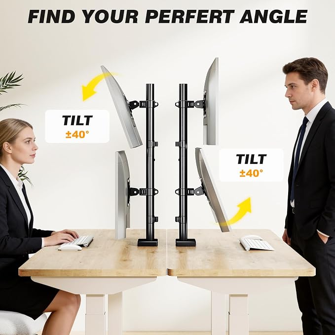 5Rcom Vertical Dual Monitor Mount, Stacked Monitor Stand for 2 Monitors with Height Adjustment, Computer Monitor Arm Supports Two 17 to 35 Inch with C Clamp & Grommet Desk Mount, Each Hold up to 27lbs - Image 3